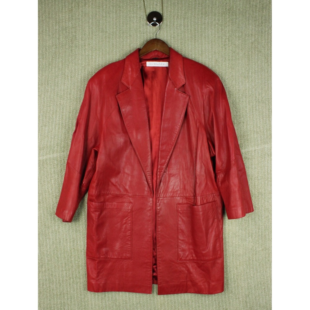 Vintage Red Leather Oversized Coat Jacket Womens Medium Longline Open Front